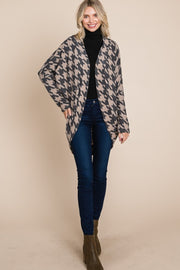 Trendsi BOMBOM Houndstooth Open Front Cocoon Knit Cardigan