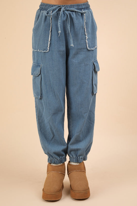 Trendsi Bottoms/Jeans Indigo / S VERY J Washed Drawstring Jogger Cargo Jeans