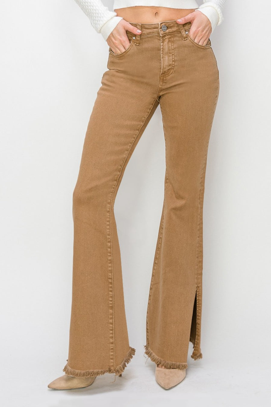 Trendsi Brown / 0(24) RISEN Bailey Full Size High Waist Side Slit Flare Jeans