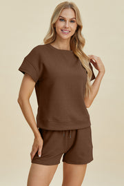 Trendsi Brown / S Double Take Full Size Texture Short Sleeve Top and Shorts Set