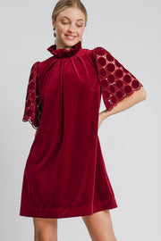 Trendsi Burgundy / S Umgee Dotted Lace Half Sleeve Mock Neck Back Tie Velvet Dress