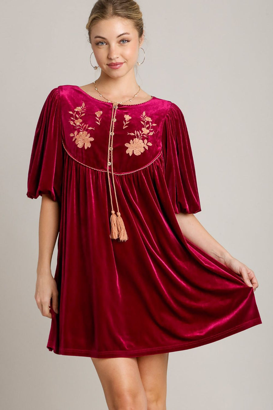 Trendsi Burgundy / S Umgee Embroidered Half Sleeve Velvet Mini Dress with Tassel