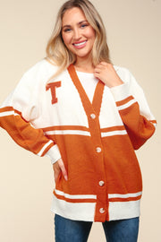 Trendsi Burnt Orange / S Haptics Full Size V Neck Button Down Letter Patch Cardigan