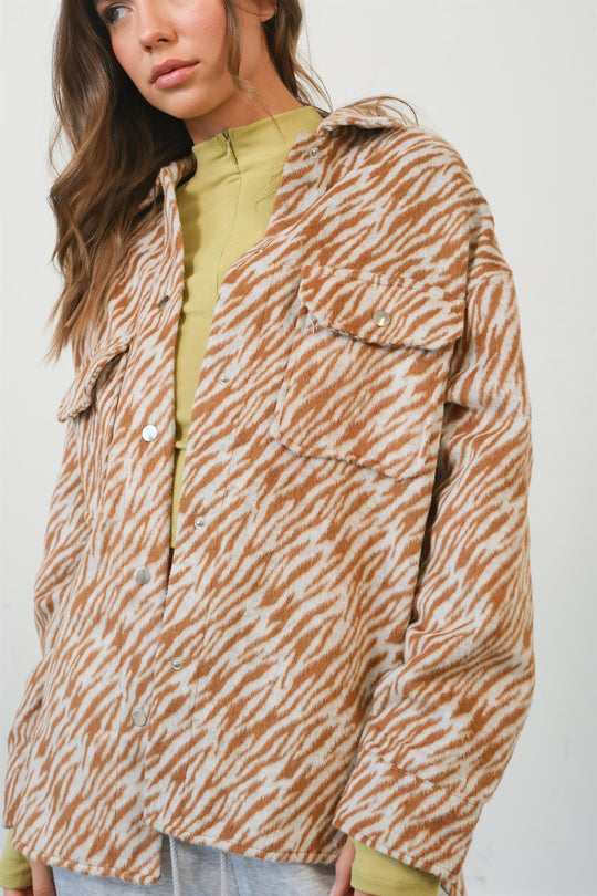 Trendsi Camel / S HYFVE Zebra Print Snap Down Long Sleeve Shacket