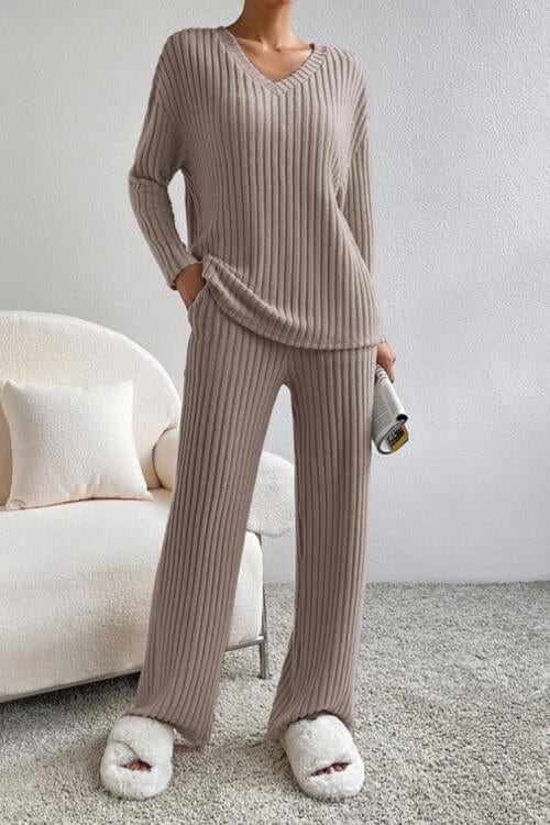 Pre-Order Ribbed V-Neck Top and Pants Set