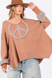 Trendsi Camel / S SAGE + FIG Peace Sign Mineral Wash Terry Top