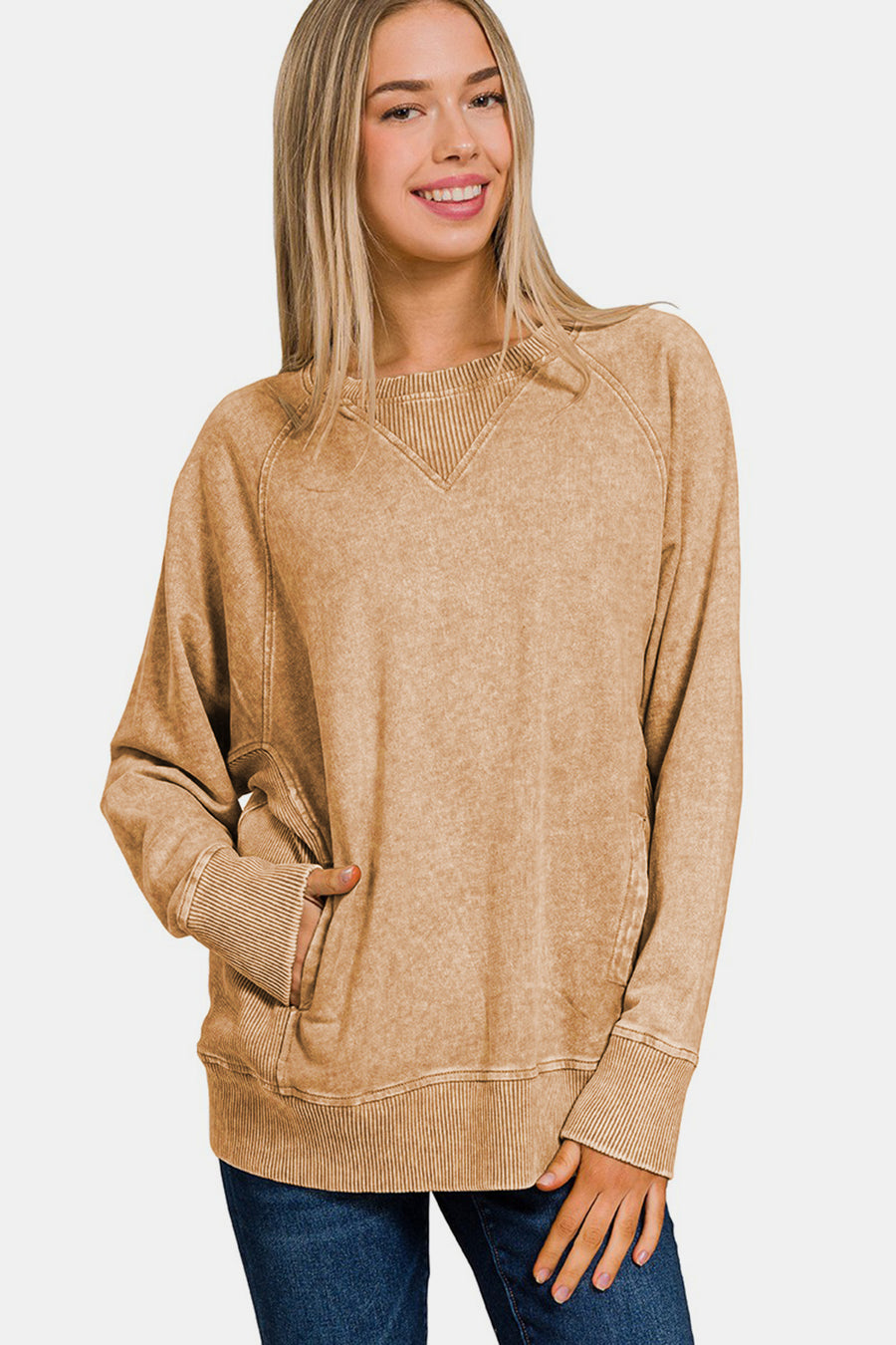 Trendsi Camel / S Zenana Pocketed Round Neck Sweatshirt