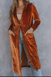 Trendsi Caramel / S Pre-Order Collared Neck Longline Velvet Cardigan with Pockets