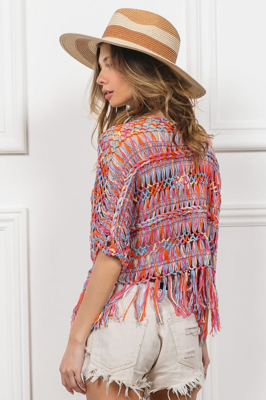 Trendsi Cardigans BiBi Open Front Fringed Crop Knit Cardigan