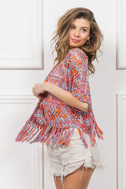 Trendsi Cardigans BiBi Open Front Fringed Crop Knit Cardigan