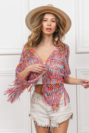 Trendsi Cardigans BiBi Open Front Fringed Crop Knit Cardigan