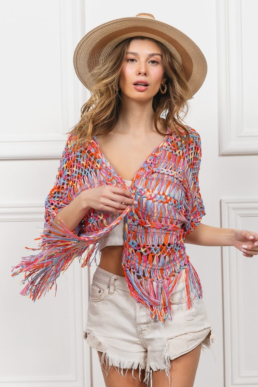 Trendsi Cardigans BiBi Open Front Fringed Crop Knit Cardigan