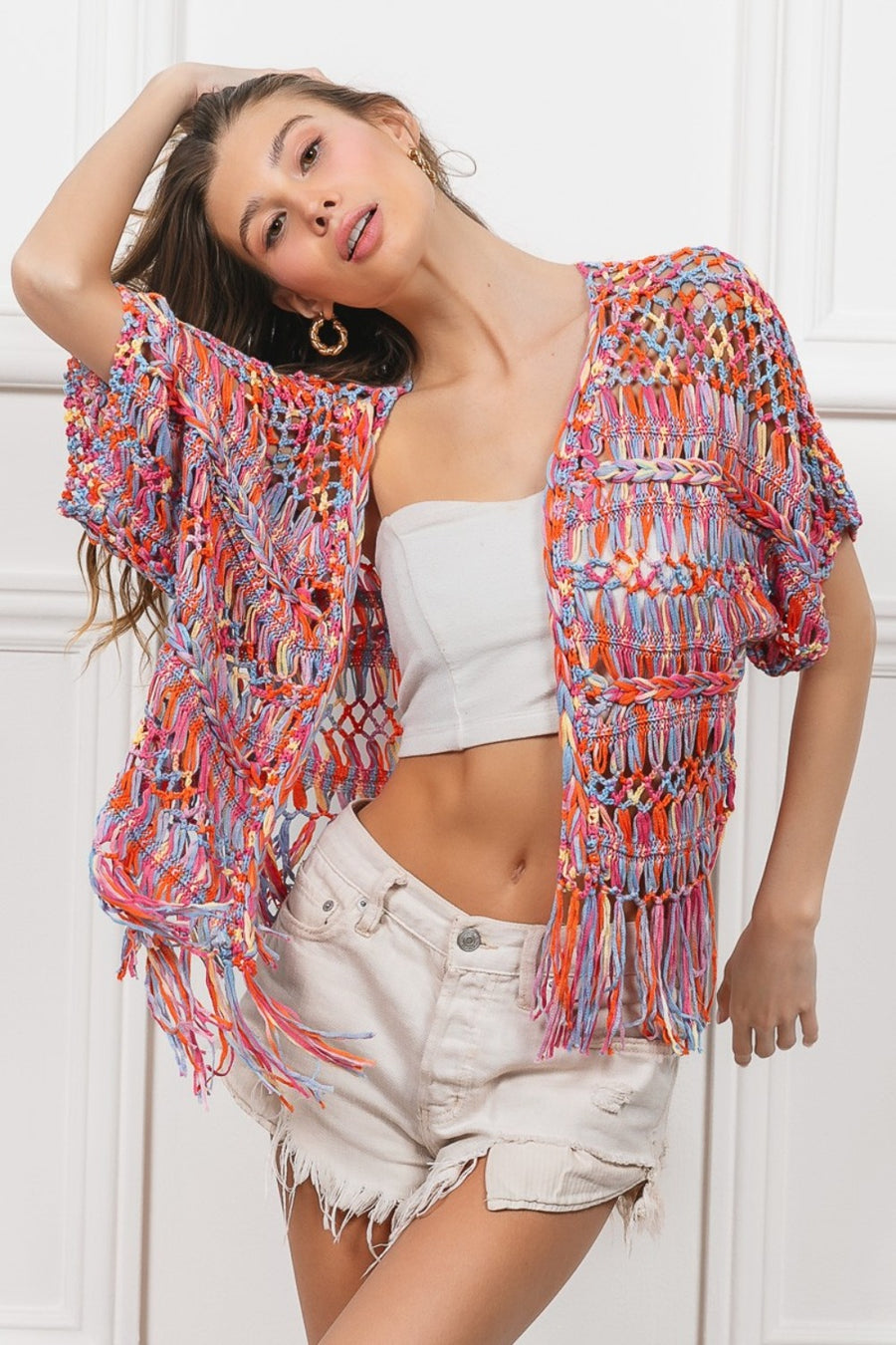 Trendsi Cardigans BiBi Open Front Fringed Crop Knit Cardigan