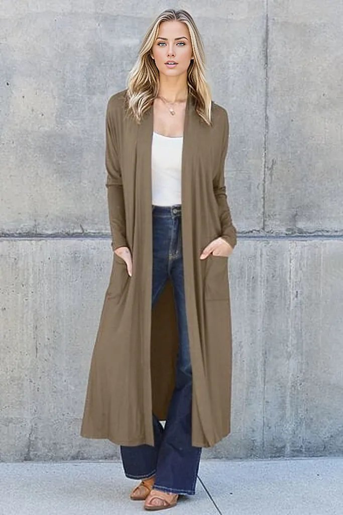 Cardigans Chestnut / S Basic Bae Full Size Open Front Long Sleeve Cover Up