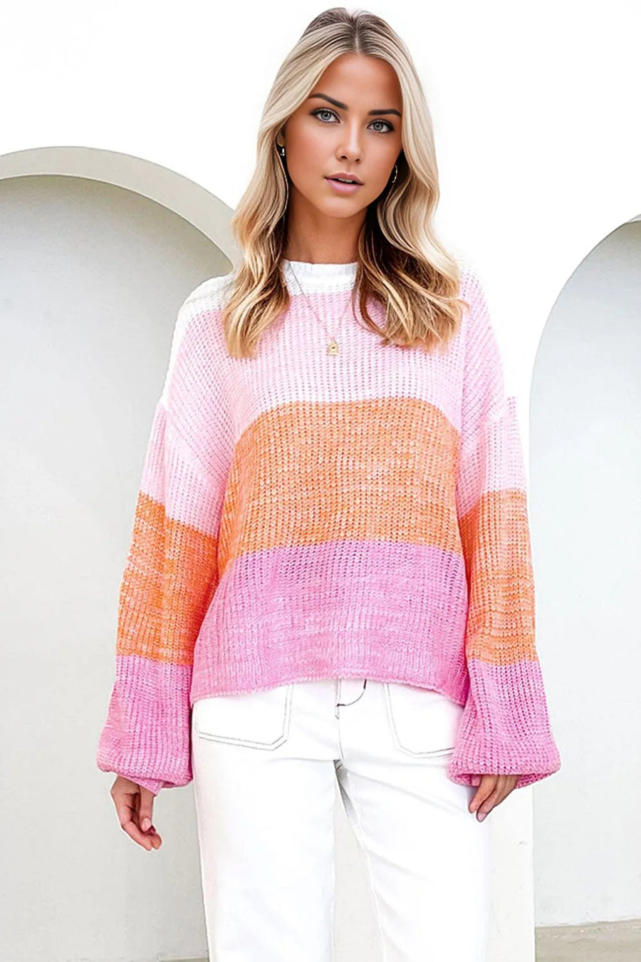 Trendsi Shirts & Tops Carnation Pink / S PRE-ORDER Ribbed Color Block Long Sleeve Sweater