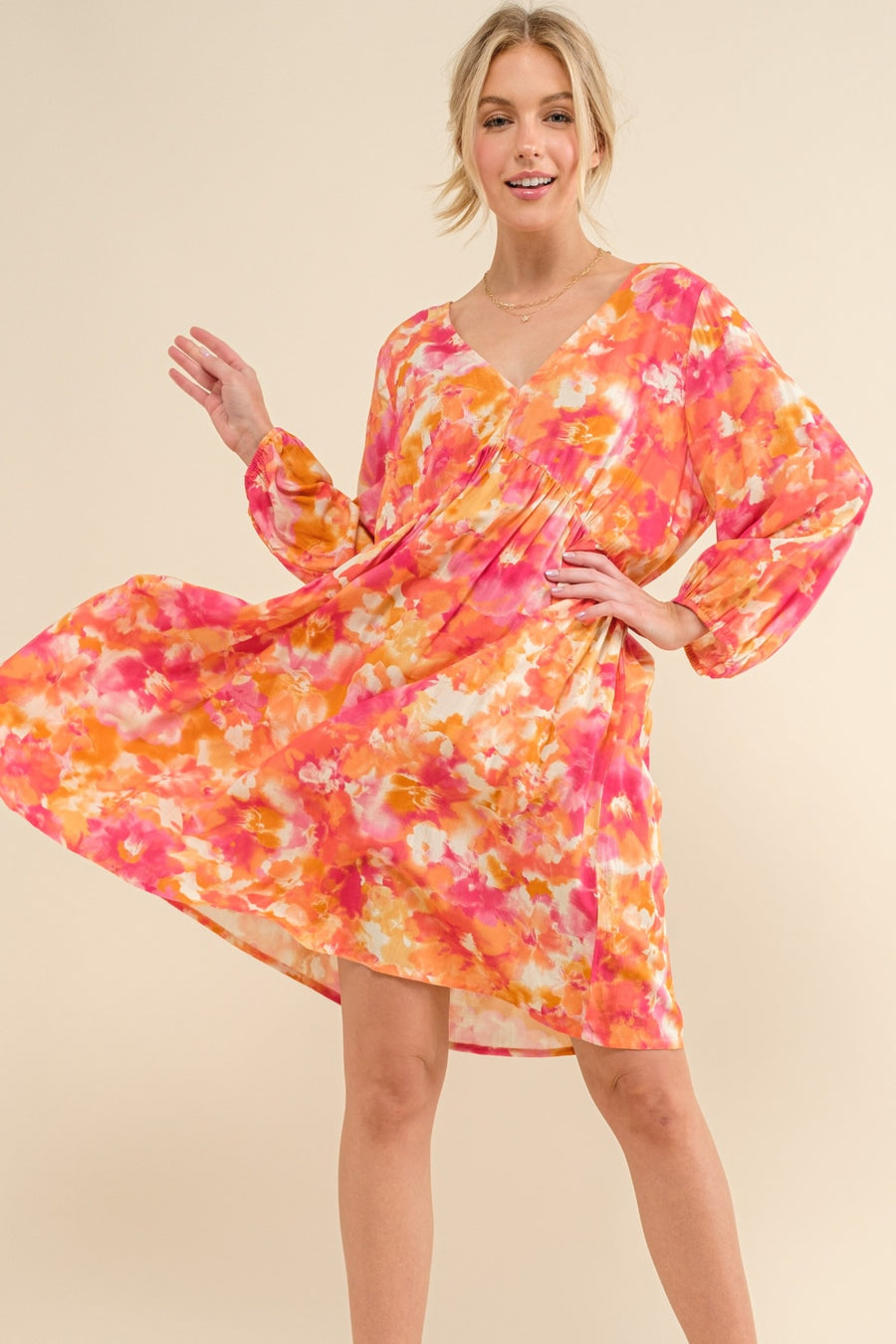 Trendsi Casual Dresses Orange Multi / S And The Why Printed Tie Back Long Sleeve Dress