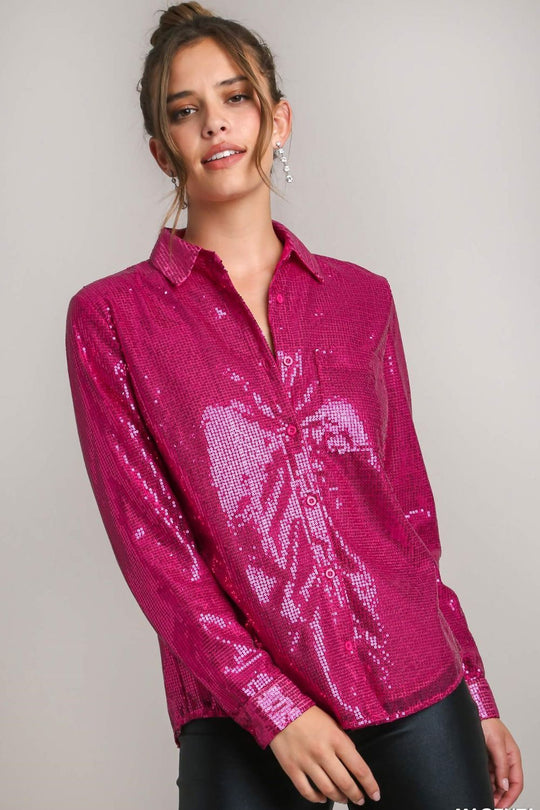 Trendsi Cerise / S Umgee Sequin Long Sleeve Shirt with Side Chest Pocket