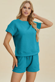 Trendsi Cerulean / S Double Take Full Size Texture Short Sleeve Top and Shorts Set