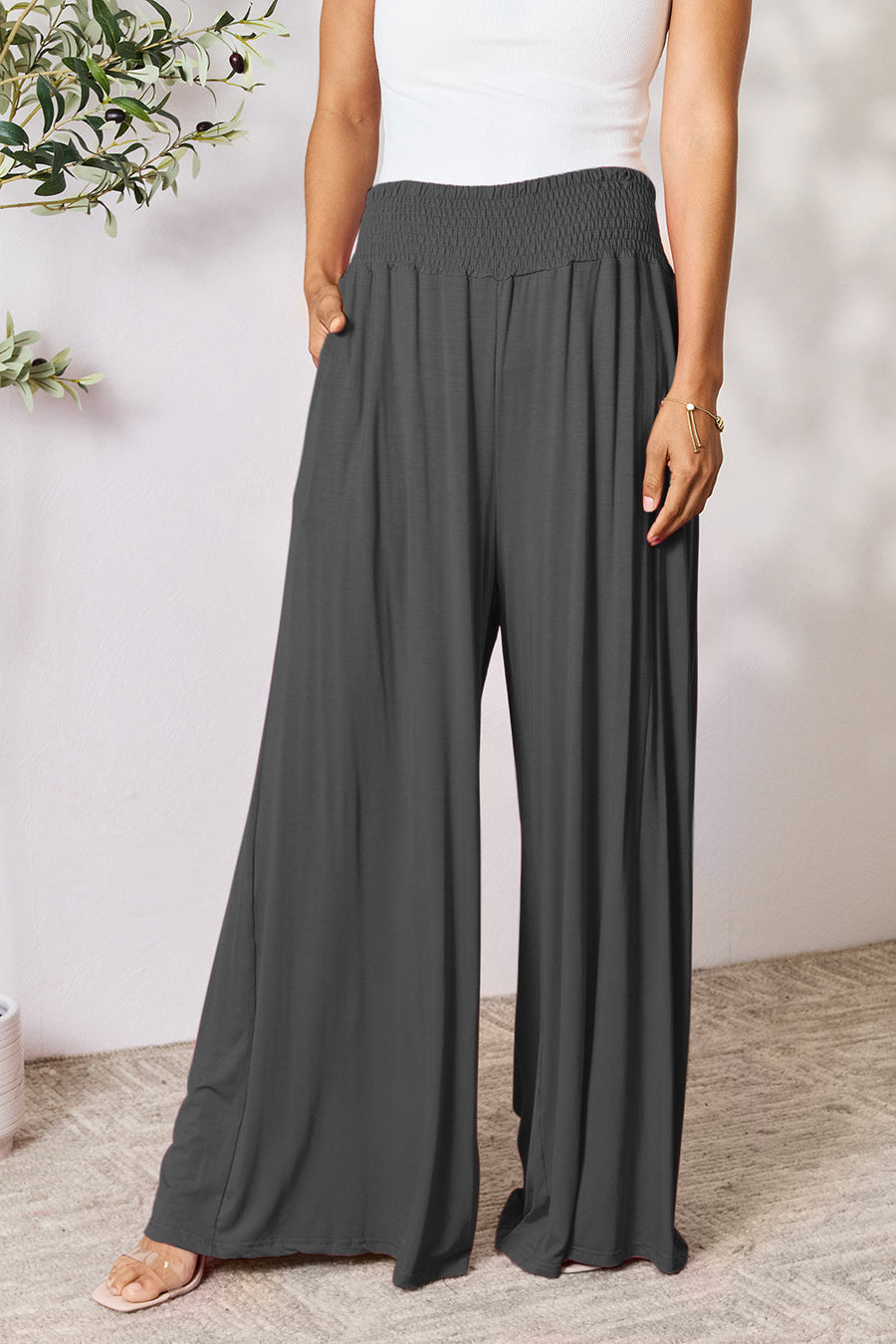 Trendsi Charcoal / S Double Take Full Size Smocked Wide Waistband Wide Leg Pants