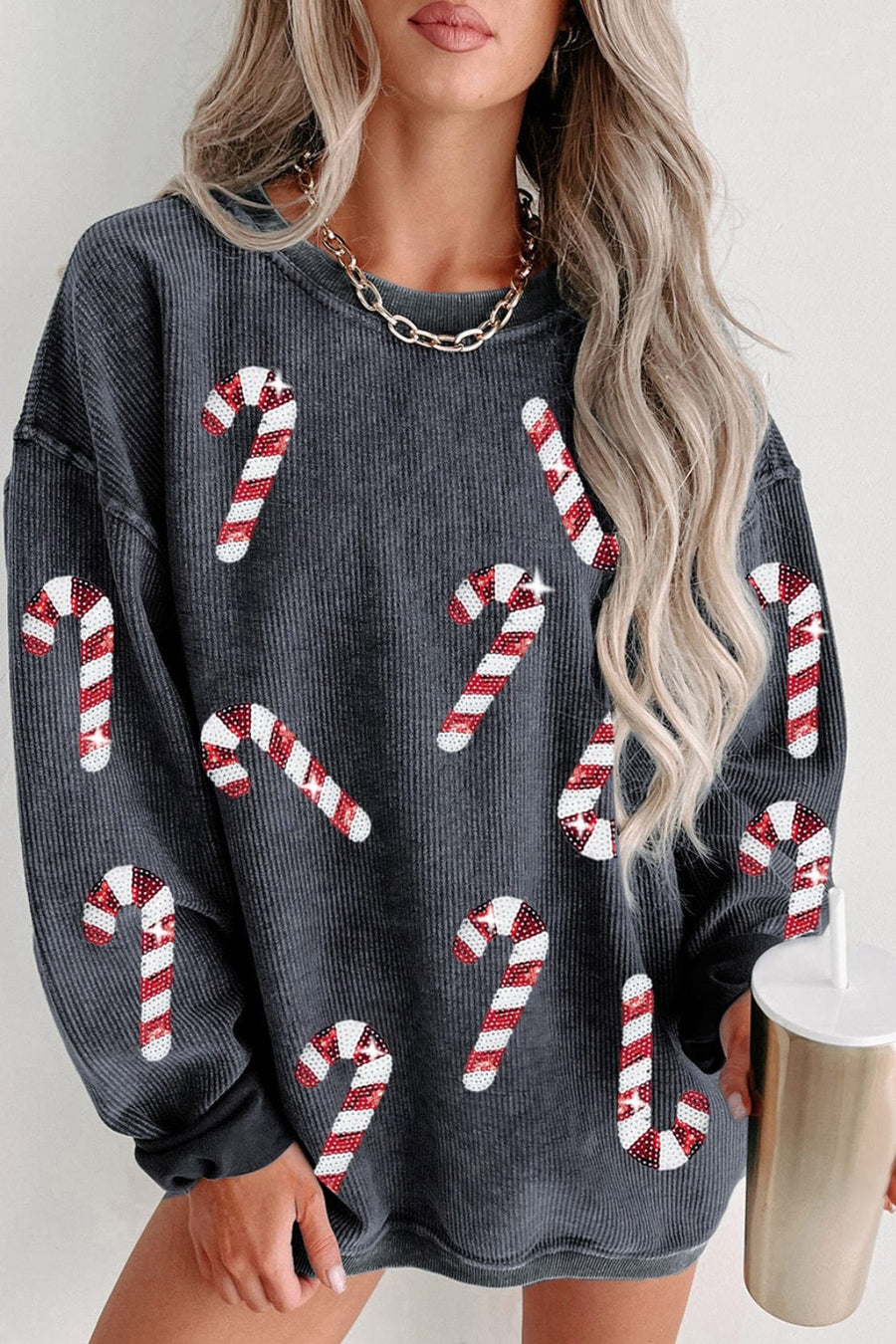 Pre-Order Sequin Candy Cane Round Neck Sweatshirt