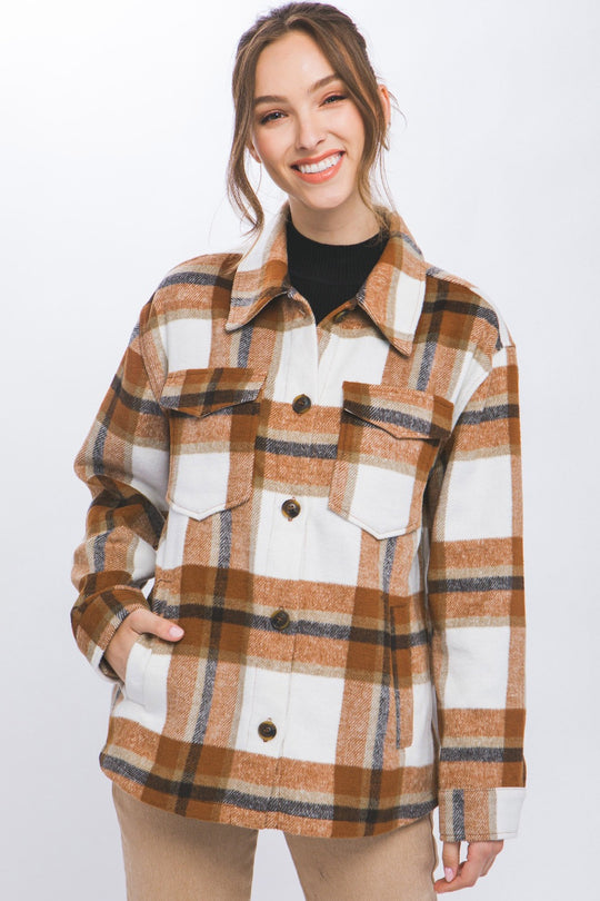 Trendsi Clay / S Love Tree Plaid Button Up Shacket