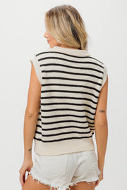 Trendsi Clothing Tops BiBi Flower Patch Striped Half Button Sweater Vest