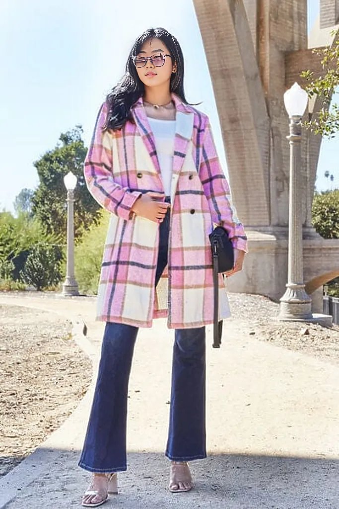 Trendsi Coats & Jackets Carnation Pink / S Georgina Plaid Button Up Lapel Collar Coat