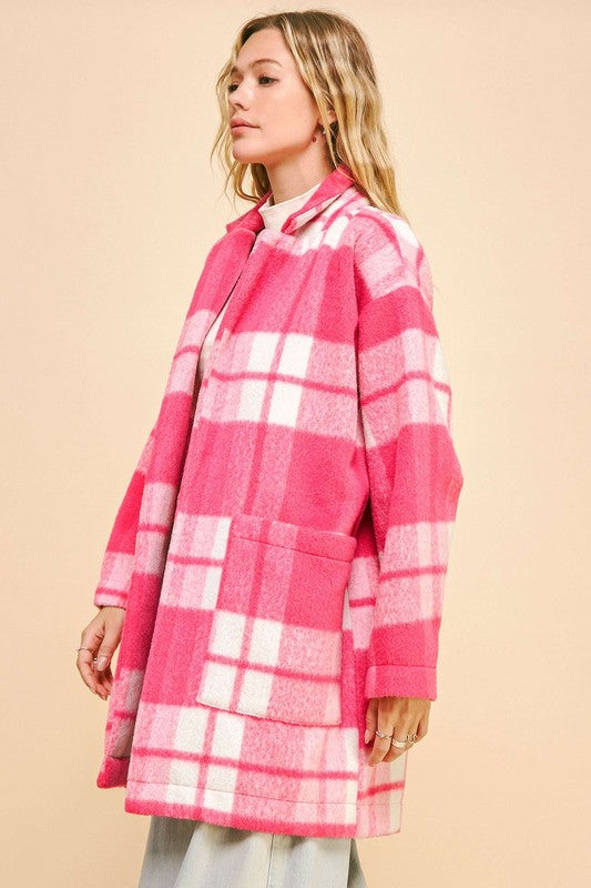 Trendsi Coats & Jackets Davi & Dani Plaid Open Front Drop Shoulder Longline Coat