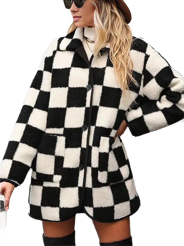 Coats & Jackets Double Take Full Size Checkered Button Front Coat with Pockets