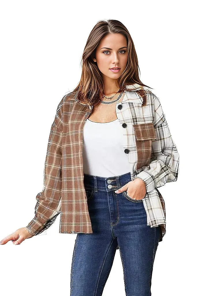 Double Take Plaid Contrast Button Up Shirt Jacket