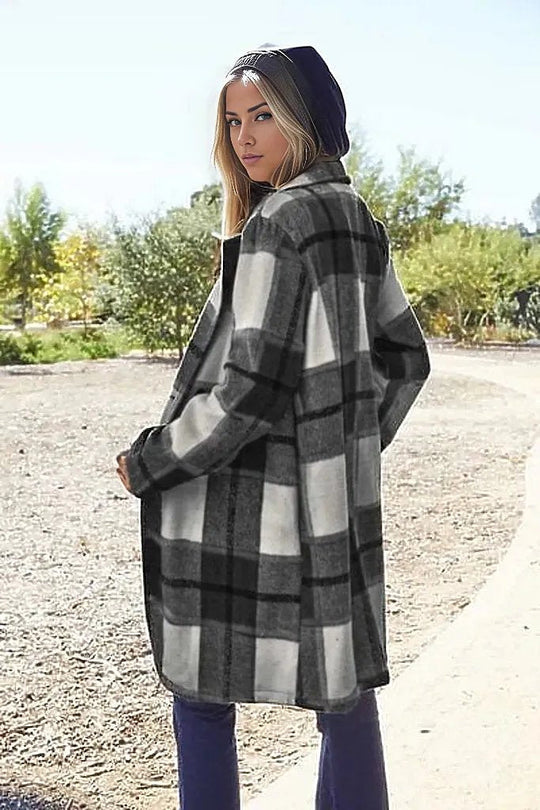 Coats & Jackets Double Take Full Size Plaid Button Up Lapel Collar Coat