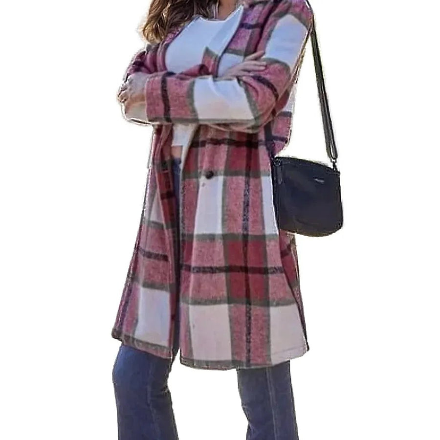 Coats & Jackets Double Take Full Size Plaid Button Up Lapel Collar Coat