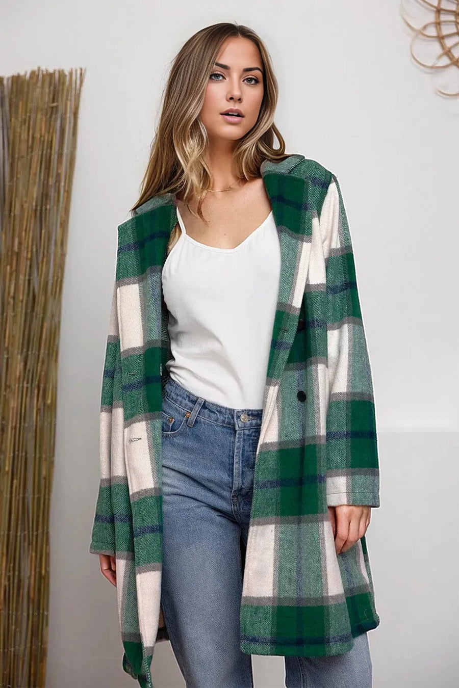 Coats & Jackets Green / L Double Take Full Size Plaid Button Up Lapel Collar Coat