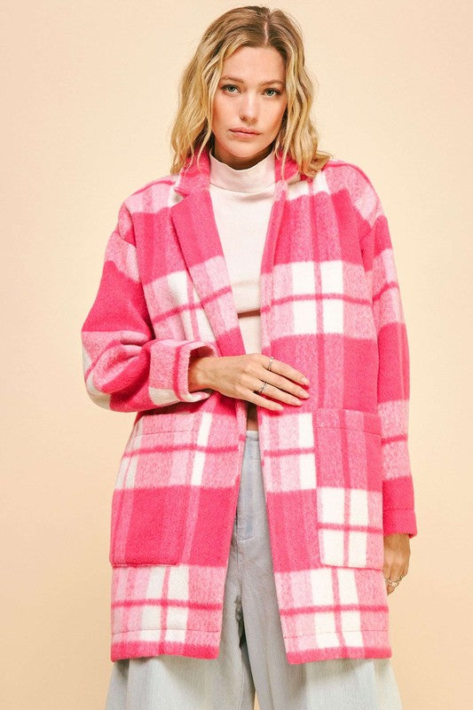 Trendsi Coats & Jackets Hot Pink / S Davi & Dani Plaid Open Front Drop Shoulder Longline Coat