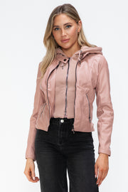 Trendsi Coats & Jackets Mauve / S Snobbish Faux Leather Zip Up Drawstring Hooded Jacket