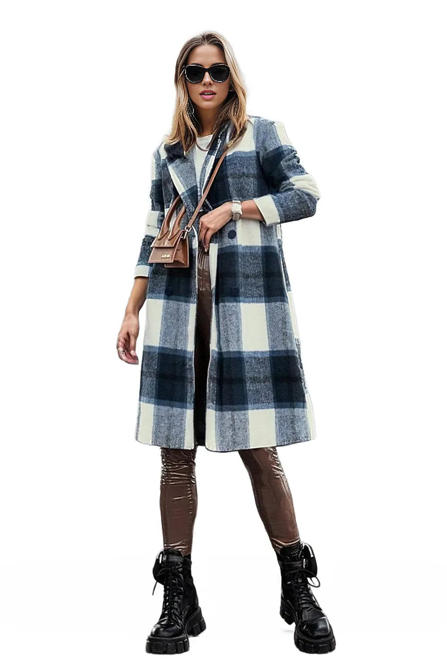 Trendsi Coats & Jackets Peacock  Blue / S Georgina Plaid Button Up Lapel Collar Coat