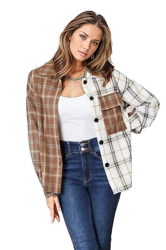 Double Take Plaid Contrast Button Up Shirt Jacket