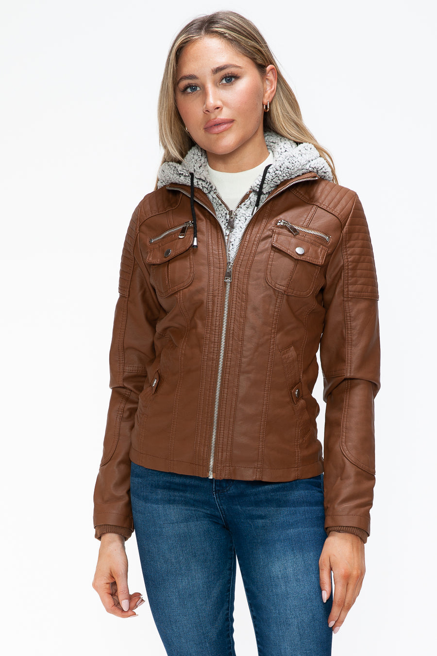 Trendsi Coats & Jackets Rust / S YMI Removable Faux Layered Multi-Pocket Jacket with Fuzzy Hood