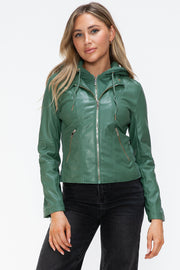 Trendsi Coats & Jackets Sage / S Snobbish Faux Leather Zip Up Drawstring Hooded Jacket