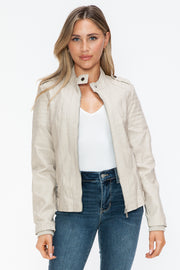 Trendsi Coats & Jackets Sand / S Snobbish PU Leather Biker Jacket with Side Zip Pockets