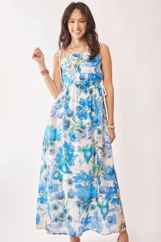 Trendsi Cobalt Blue / S Davi & Dani Tropical Boho Printed Detail Cut Out Maxi Dress