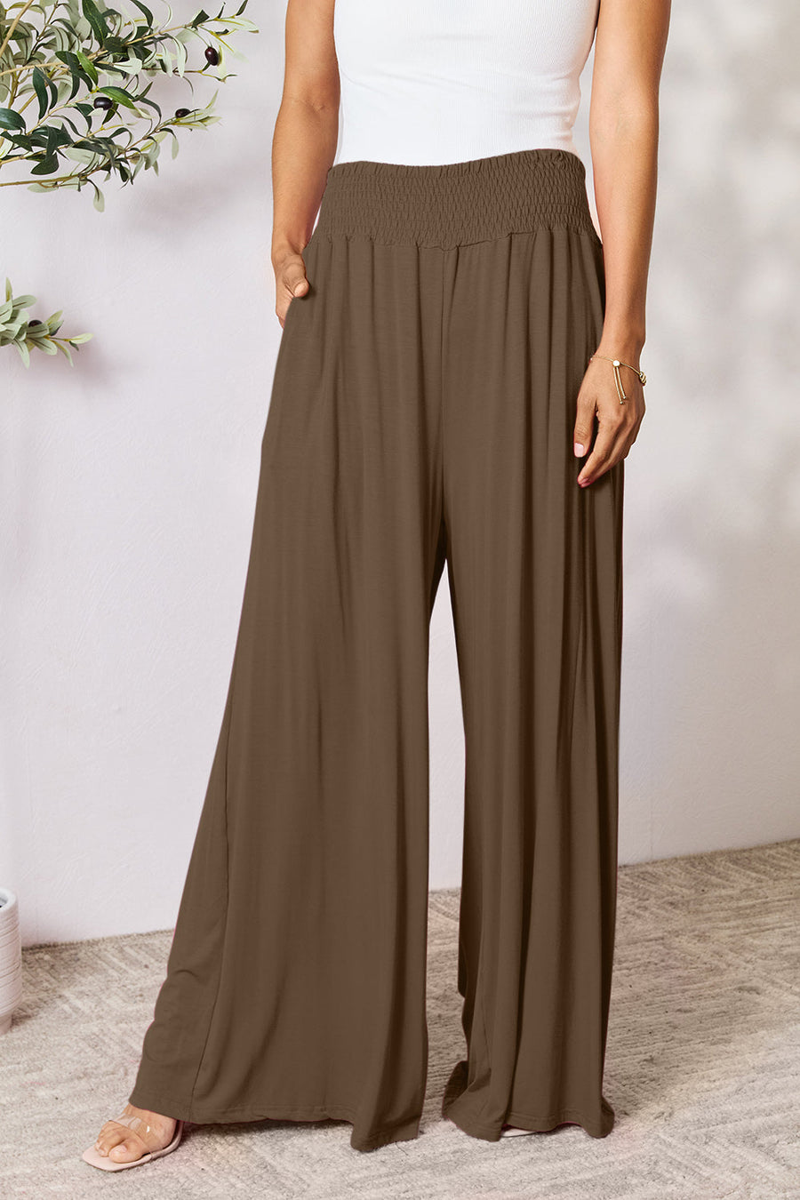 Trendsi Coffee Brown / S Double Take Full Size Smocked Wide Waistband Wide Leg Pants