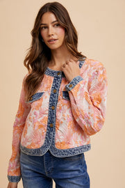 Trendsi Coral Combo / S Annie Wear Floral Jacquard Denim Contrast Button Down Jacket