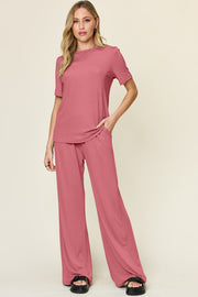 Trendsi Coral / S Double Take Full Size Round Neck Short Sleeve T-Shirt and Wide Leg Pants Set