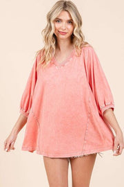 Trendsi Coral / S/M Mittoshop Mineral Wash V-Neck Raglan A-Line Relaxed Top