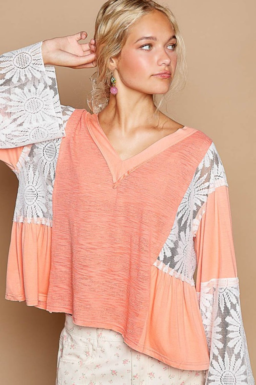 Trendsi Coral / S POL Lace Detail V-Neck Flare Sleeve Blouse