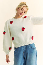 Trendsi Cream / S Davi & Dani Crochet Strawberry Round Neck Sweater