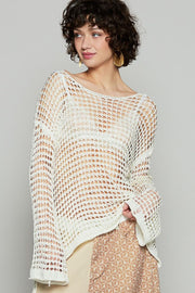 Trendsi Cream / S POL Side Slit Openwork Long Sleeve Knit Cover Up