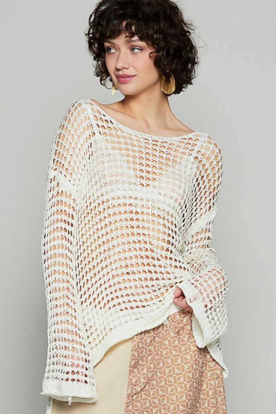 Trendsi Cream / S POL Side Slit Openwork Long Sleeve Knit Cover Up