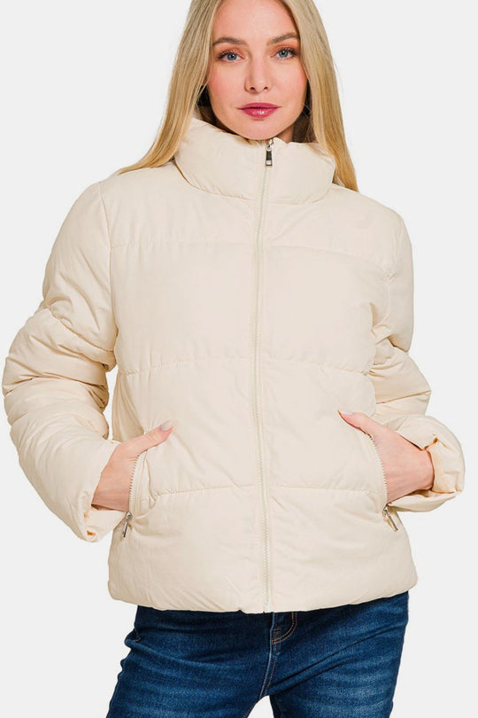 Trendsi Cream / S Zenana Zip Up Turtleneck Puffer Jacket with Pockets